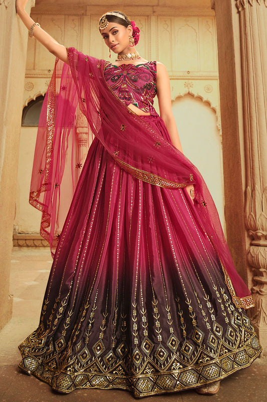 Pink Dual Tone Silk Lehenga Choli For Indian Festivals & Weddings - Sequence Embroidery Work, Thread Embroidery Work,