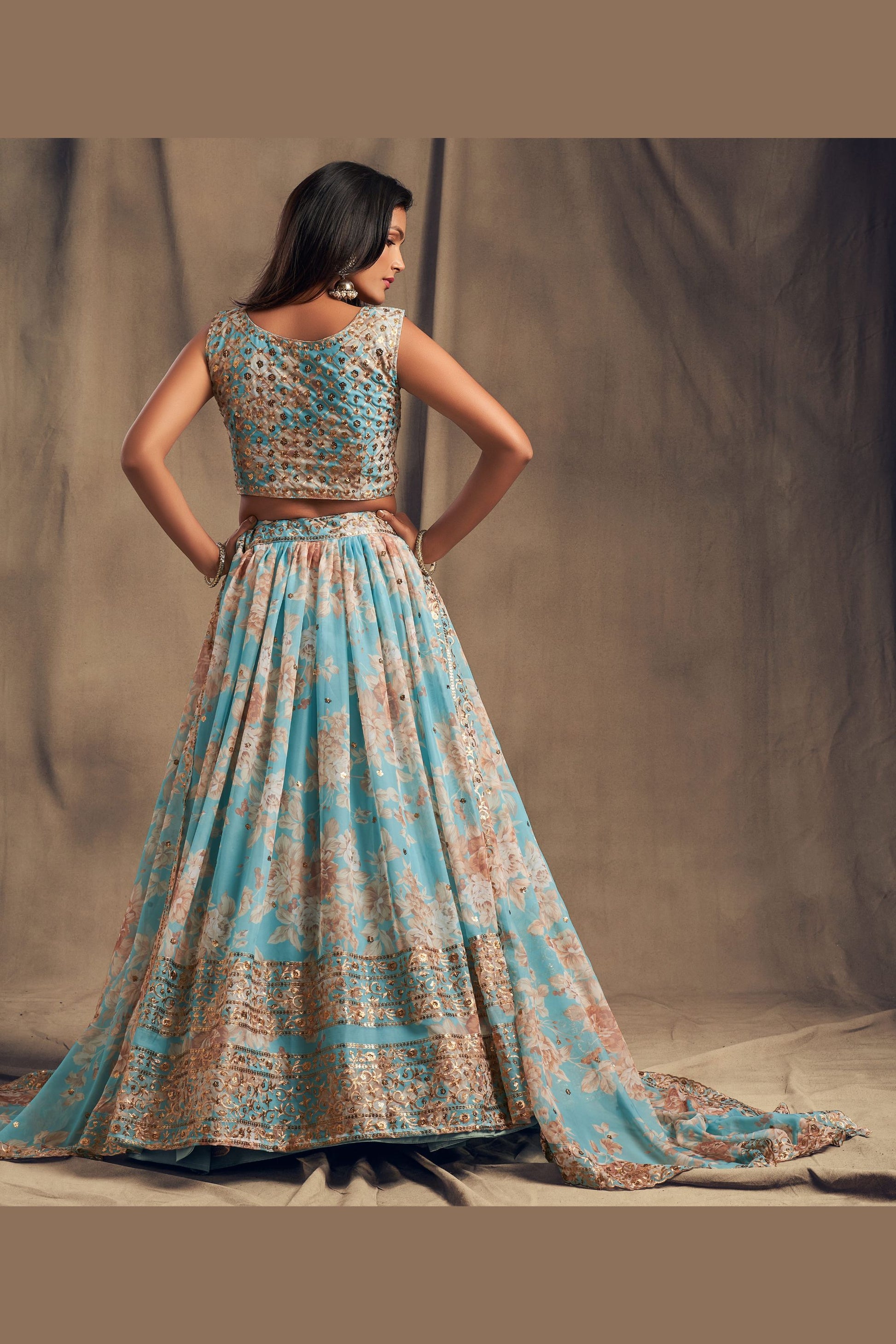 Light Blue Organza Lehenga Choli For Indian Festival & Weddings - Embroidery Work, Print Work