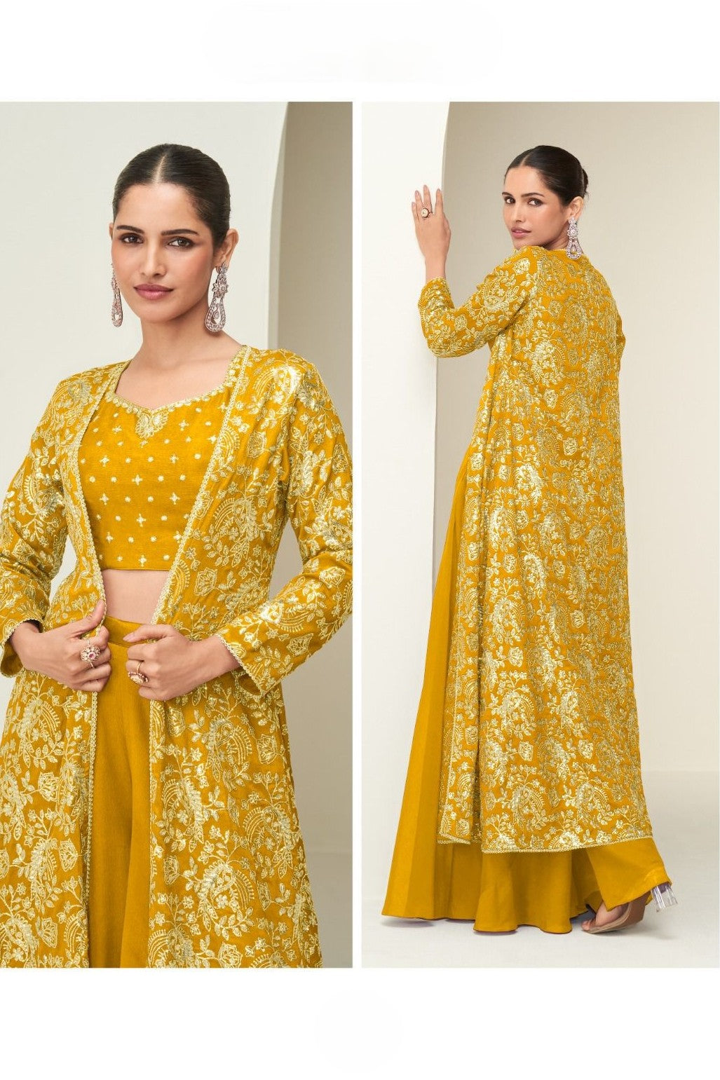 Yellow Chinon Silk Crop Top with Long Jacket and Palazzo for Haldi Ceremony