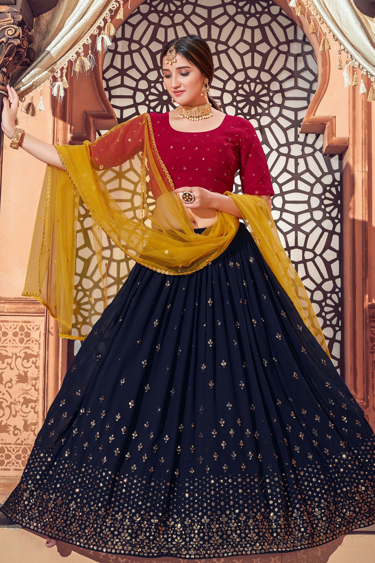 Navy Blue Pakistani Georgette Lehenga Choli For Indian Festivals & Weddings - Sequence Embroidery Work, Thread Embroidery Work,