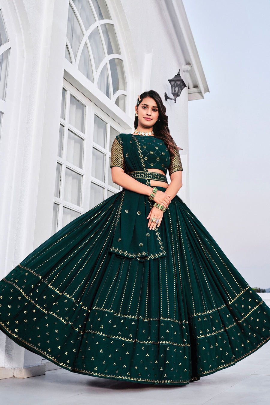 Teal Georgette Lehenga Choli Set For Indian Festivals & Weddings - Sequence Work & Thread Embroidery Work
