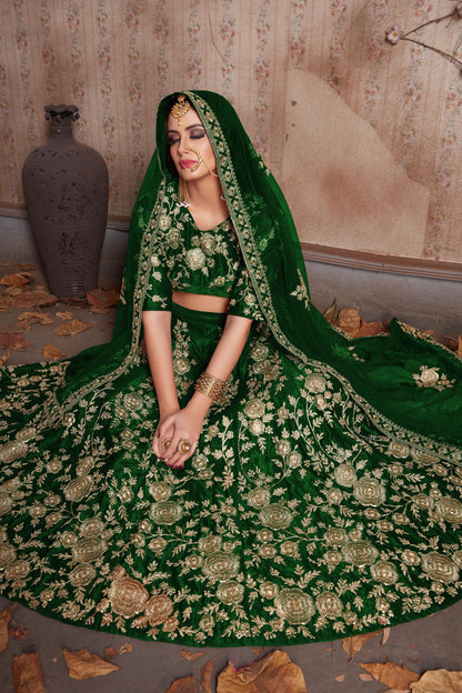 Green Velvet Silk Lehenga Choli For Indian Festival & Weddings - Sequence Embroidery Work, Lace Work, Dori Work