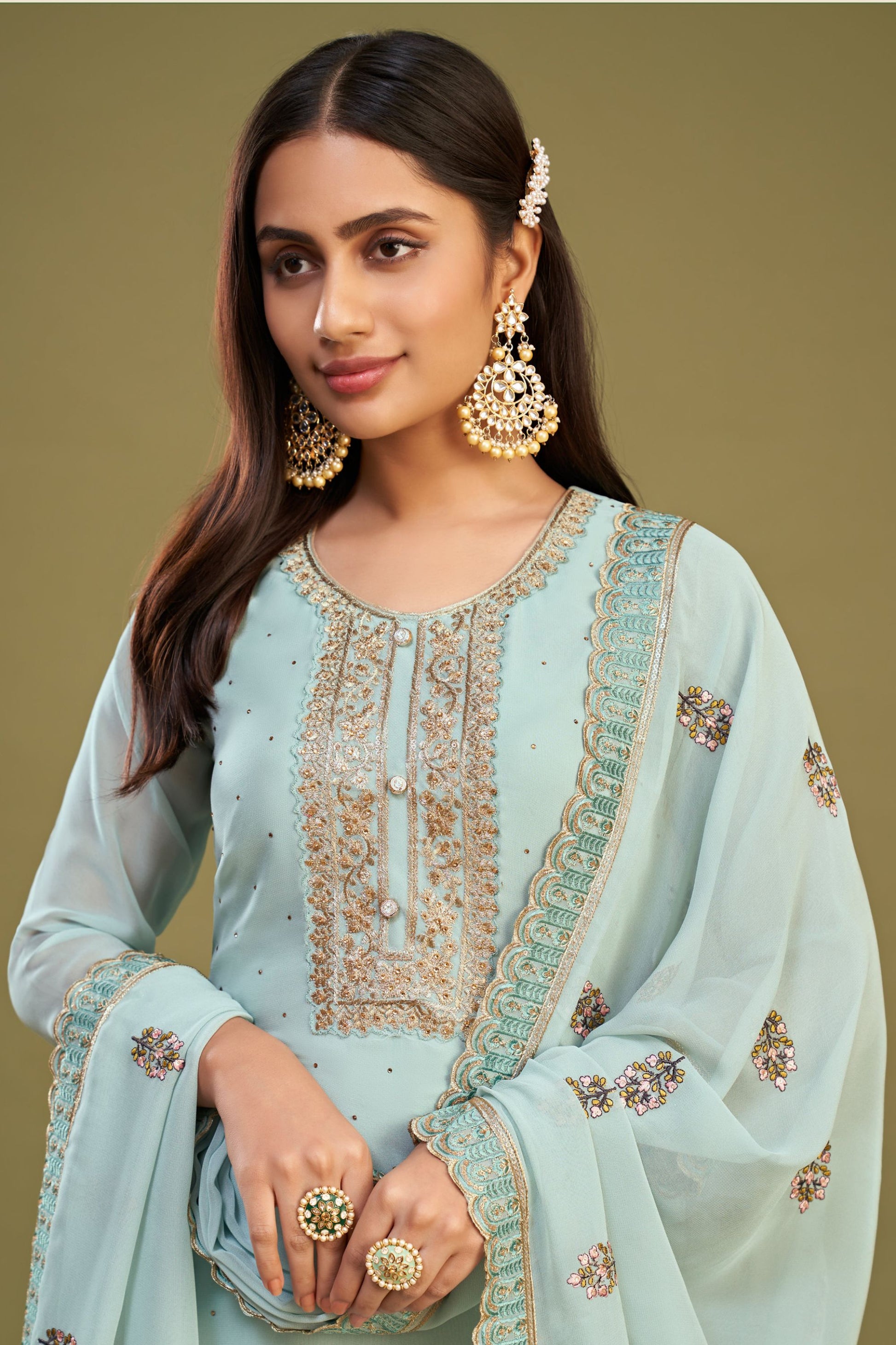 Sky Blue Georgette Plus Size Upto 7XL Size Salwar Kameez For Indian Festivals & Pakistani Weddings - Thread Embroidery Work, Swarovski Work