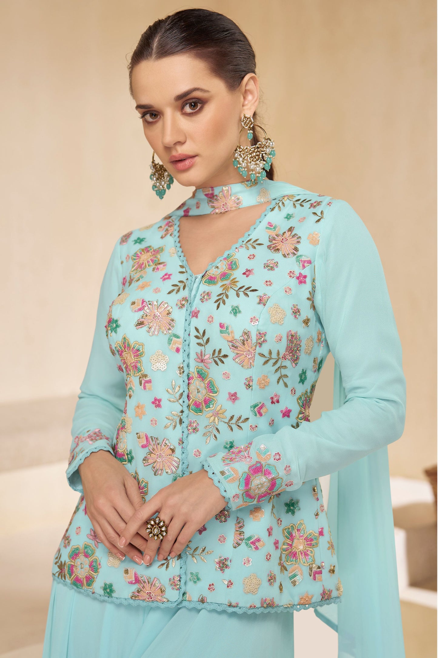 Sky Blue Georgette Palazzo Suit For Indian Festivals & Pakistani Weddings - Embroidery Work