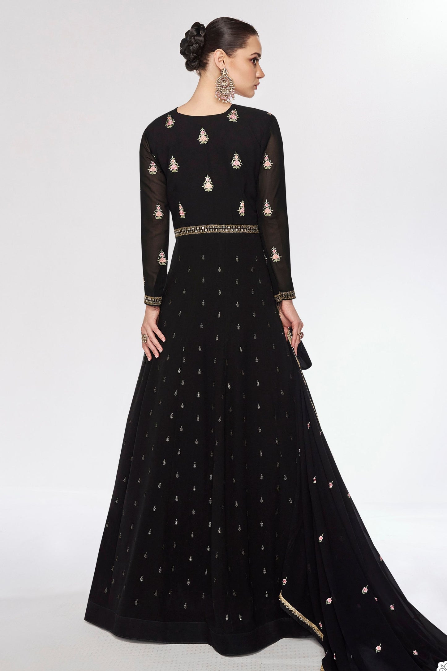 Black Silk Georgette Floor Full Length Anarkali Gown For Indian Festivals & Weddings - Embroidery Work