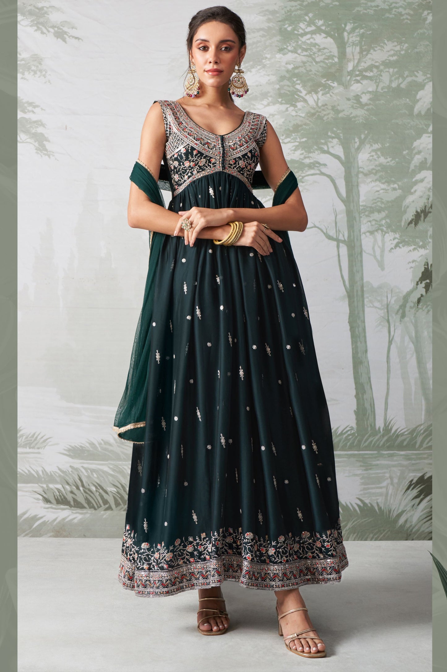 Teal Georgette Anarkali Gown For Indian Festivals & Weddings - Thread Embroidery Work, Zari Work, Seqeuence Work