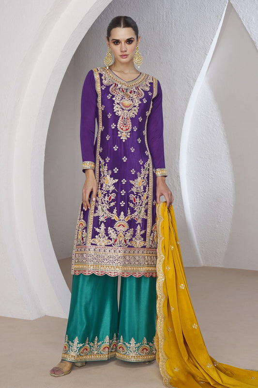 Purple Chinon Silk Palazzo Suit For Indian Weddings & Pakitani Festival - Embroidery Work