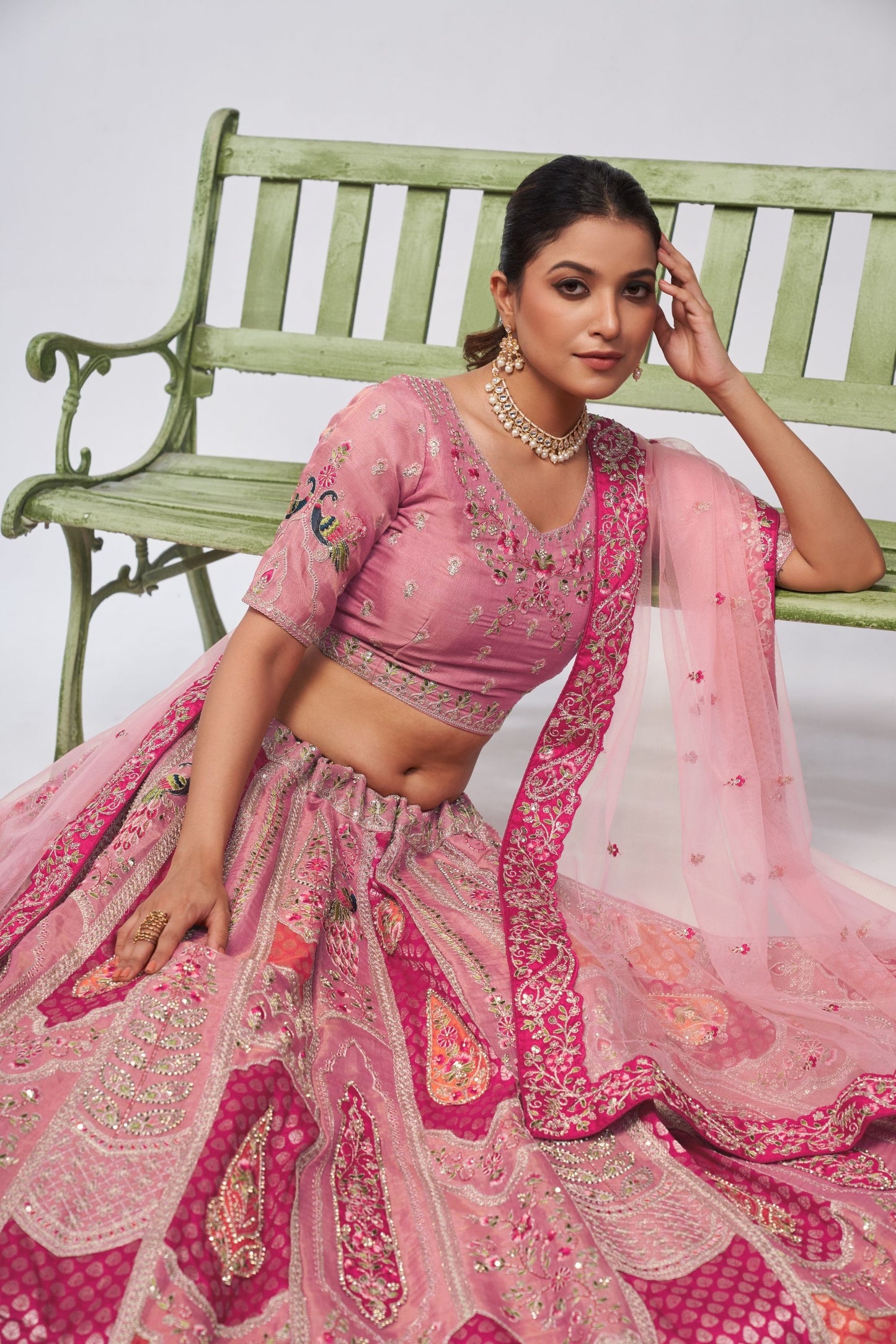 Pink Zari Silk Lehenga Choli For Indian Festivals & Weddings - Sequins Work, Patch Work, Zarkan Work, Thread Work