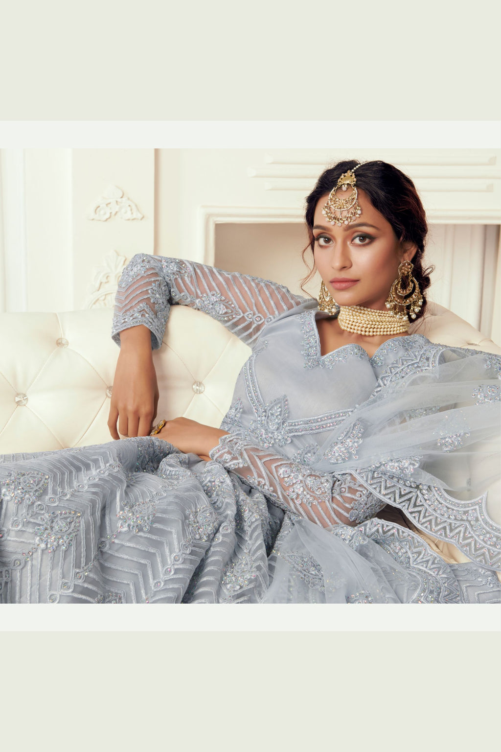 Gray Net Lehenga Choli For Indian Festivals & Weddings - Thread Embroidery Work, Codding Embroidery Work, Stone Work