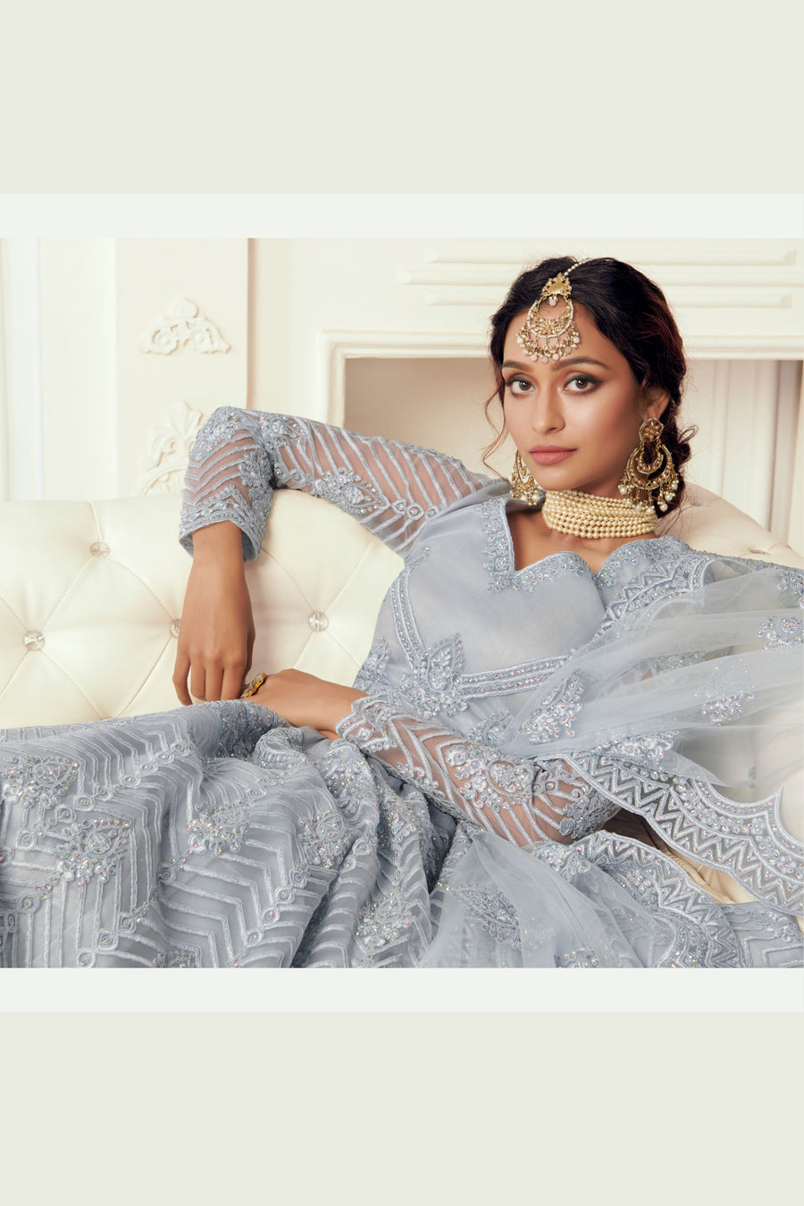 Gray Net Lehenga Choli For Indian Festivals & Weddings - Thread Embroidery Work, Codding Embroidery Work, Stone Work