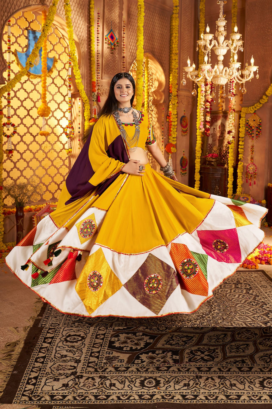 Mustard Yellow Viscose Cotton Navratri Chaniya Choli For Indian Garba Festival 8 Meter Flair - Thread Embroidery Work, Jacquard Patch Work, Real Mirror Work