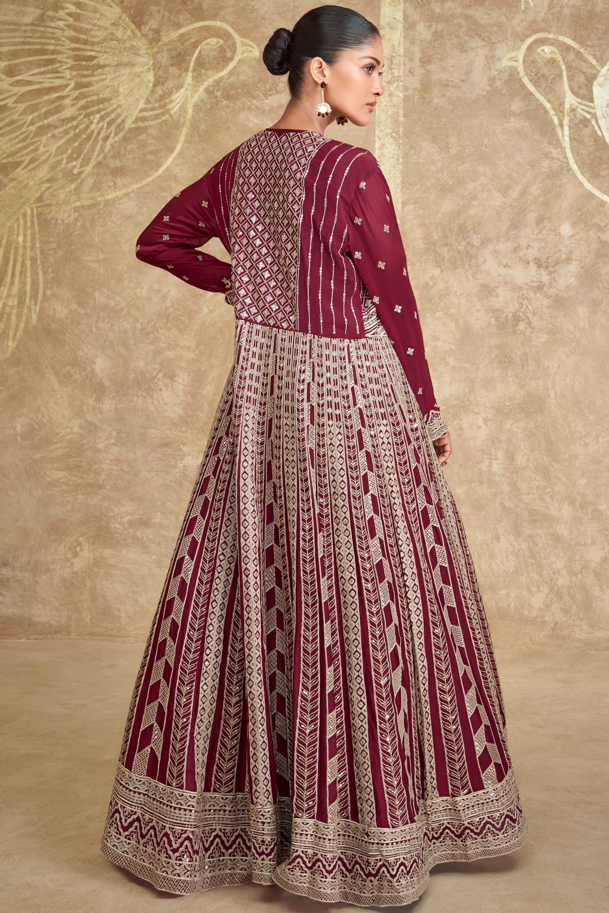 Maroon Chinon Silk Lengha For Indian Festivals & Pakistani Weddings Dress - Embroidery Work