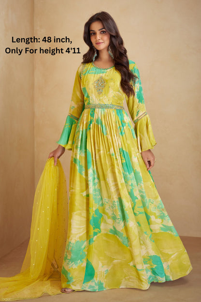 Yellow Chinon Silk Short Length Flower Printed Anarkali Gown Suit LENGTH 48 Inch For Indian Festivals & Receptions - Real Mirror Work, Embroidery Work, Print Work