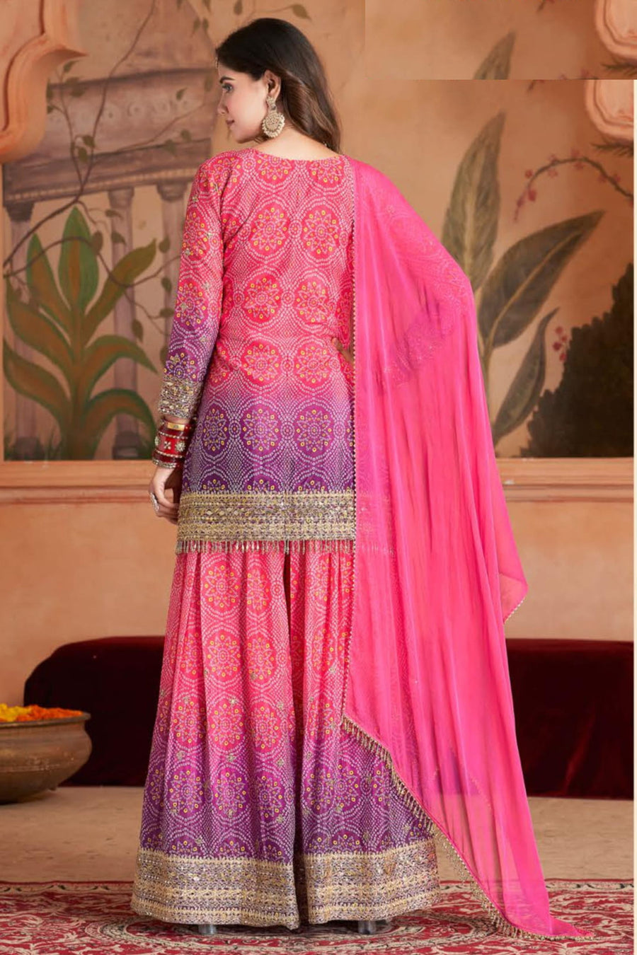 Pink Dual Color Chinon Silk Bandhani Style Pattern Palazzo Suit with Chiffon Dupatta For Indian Festivals & Weddings - Sequence Embroidery Work, Mirror Work, Print Work