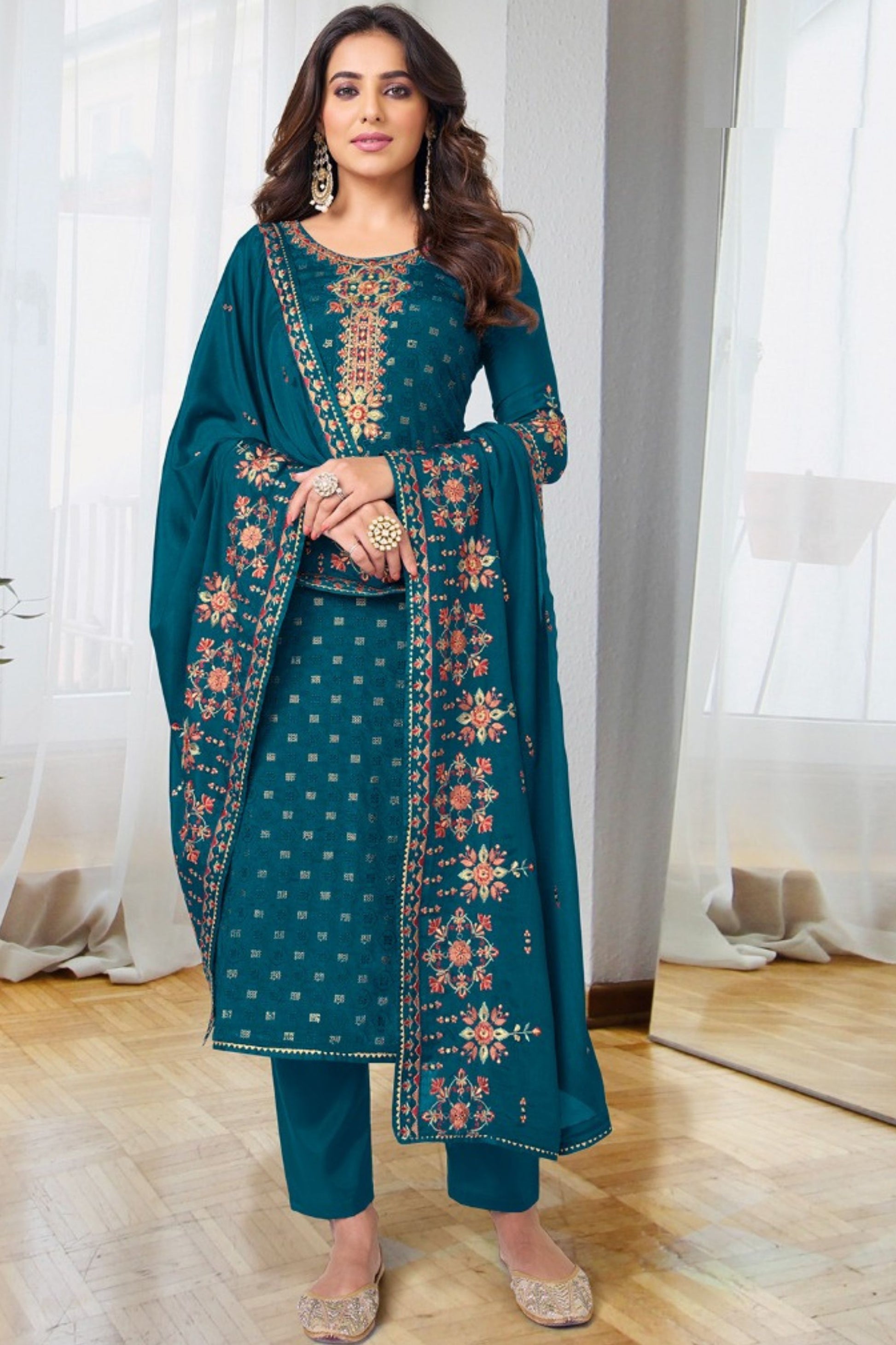 Dark Teal Georgette with Chinon Silk Kameez with Pant For Indian Suit Festivals & Pakistani Weddings - Embroidery Work