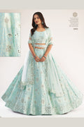 Light Pista Net Lehenga Choli For Indian Festivals & Weddings - Thread Embroidery Work, Mirror Work, Zari Work, Zarkan Work