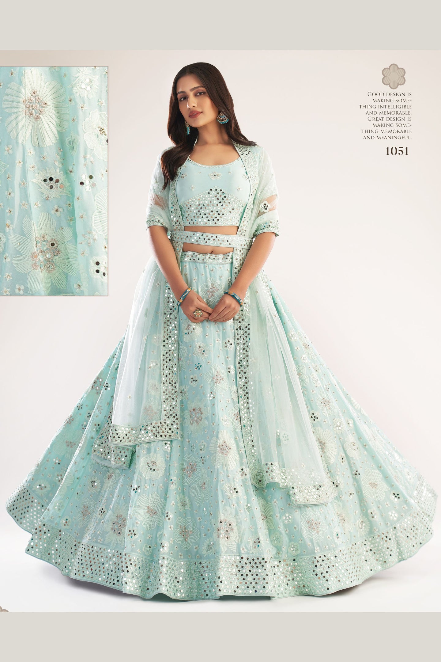 Light Pista Net Lehenga Choli For Indian Festivals & Weddings - Thread Embroidery Work, Mirror Work, Zari Work, Zarkan Work