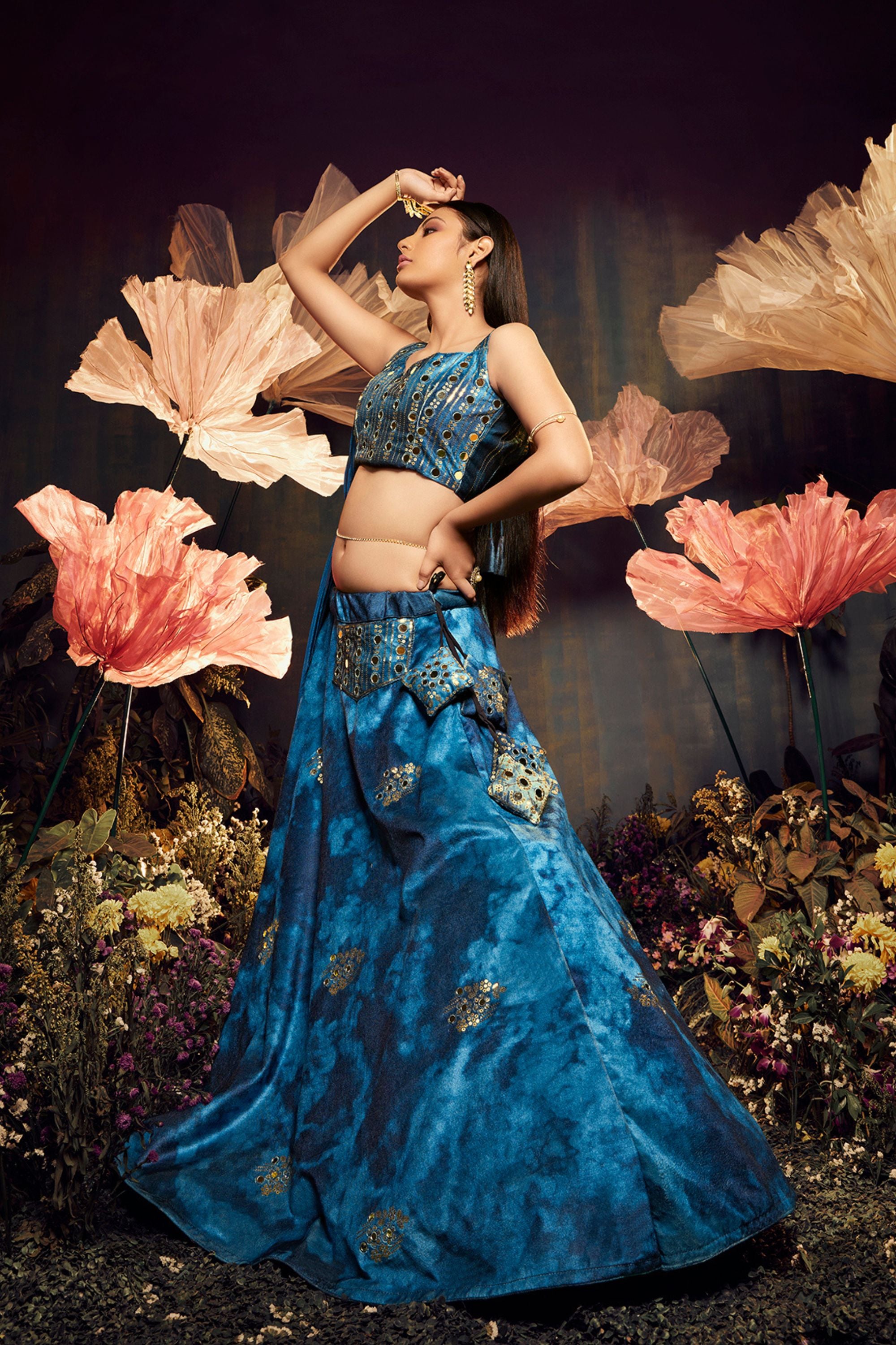 Teal blue color velvet lehenga with sequince embroidered with all over mirror  work