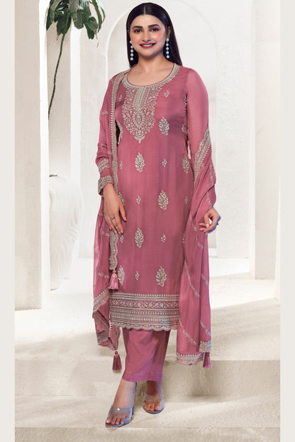 Rose Gold Organza Kameez with Pant For Indian Suit Festivals & Weddings - Thread Embroidery Work