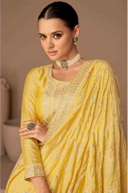 Yellow Pakistani Silk Salwar Kameez For Indian Festivals & Weddings - Thread Embroidery Work,