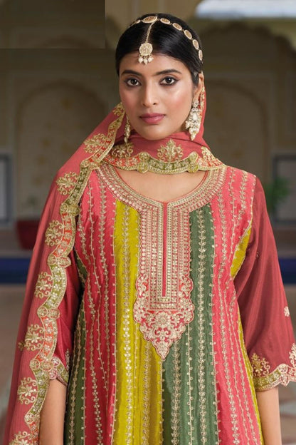 Multicolor Chinon Silk Salwar Suit Kameez For Indian Festivals & Weddings - Embroidery Work