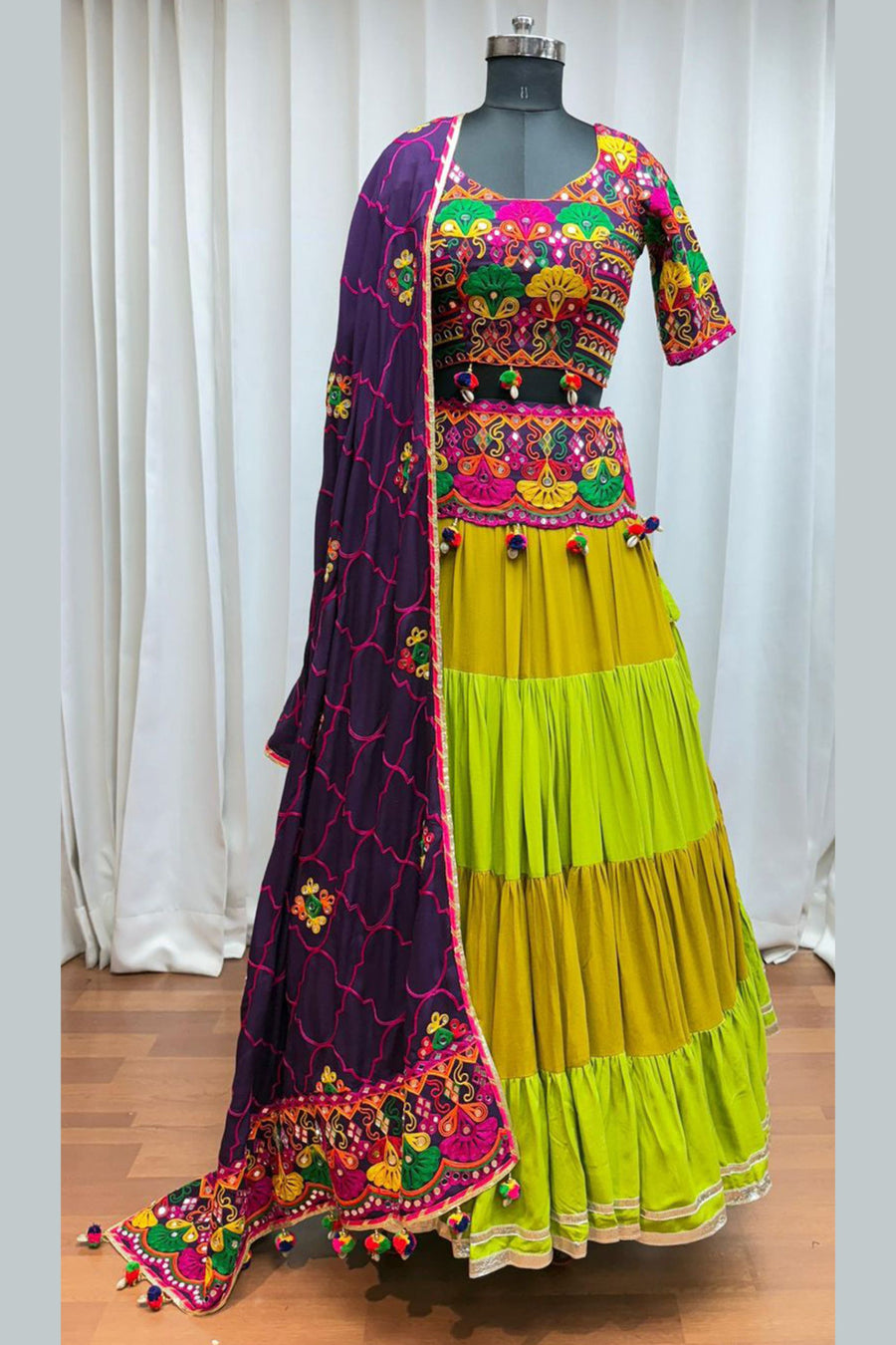 Multicolor Viscose Cotton Chaniya Choli For Indian Navratri Garba Festival 8 Meter Flair - Thread Embroidery Work, Real Mirror Work