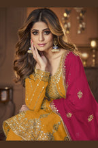 Dark Yellow Georgette Salwar Kameez Lengha Suit For Indian Wedding & Festival - Embroidery Sequence Work