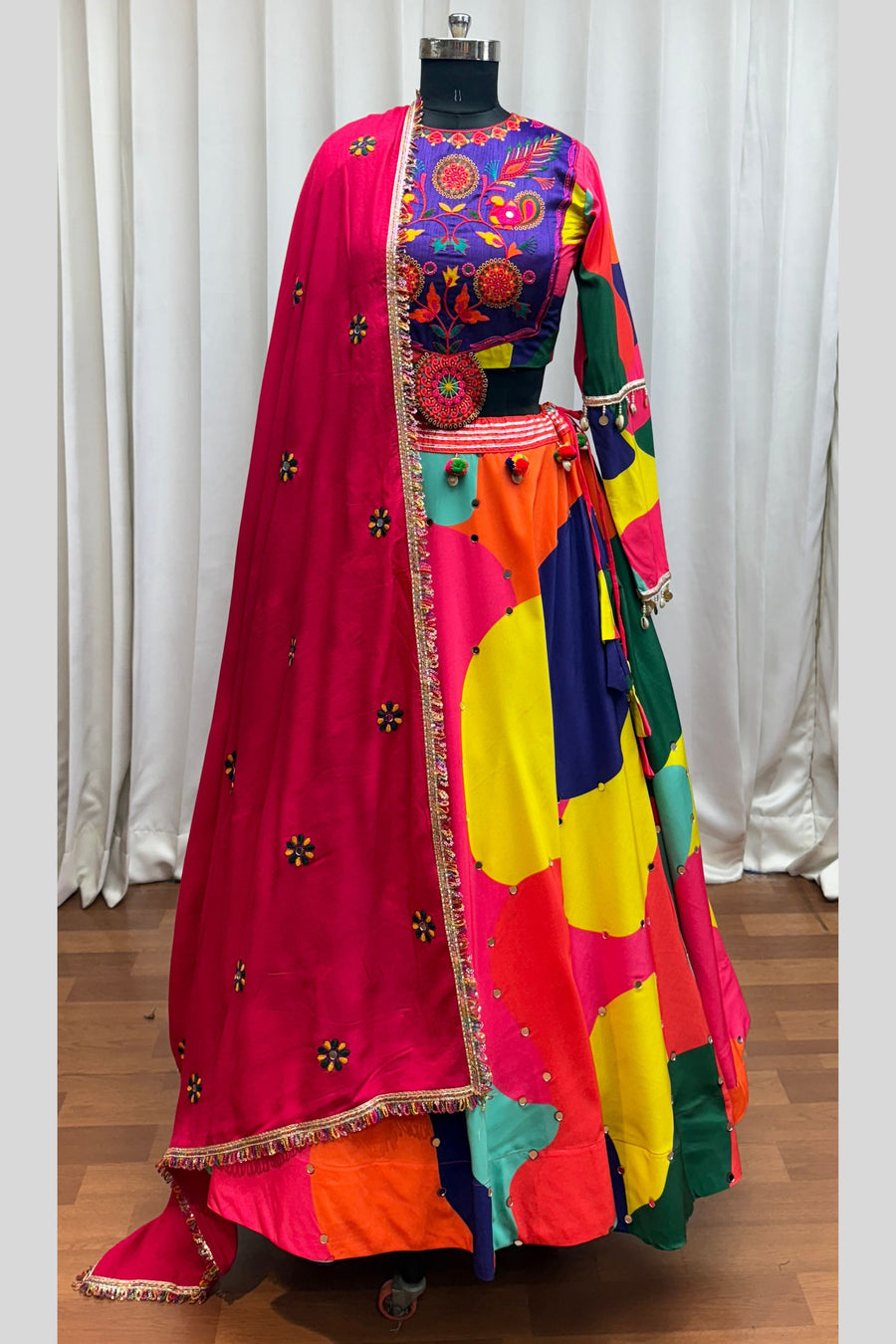 Multicolor Muslin Navratri Chaniya Choli For Garba Indian Festival 8 Meter Flair - Thread Embroidery Work, Real Mirror Work, Print Work