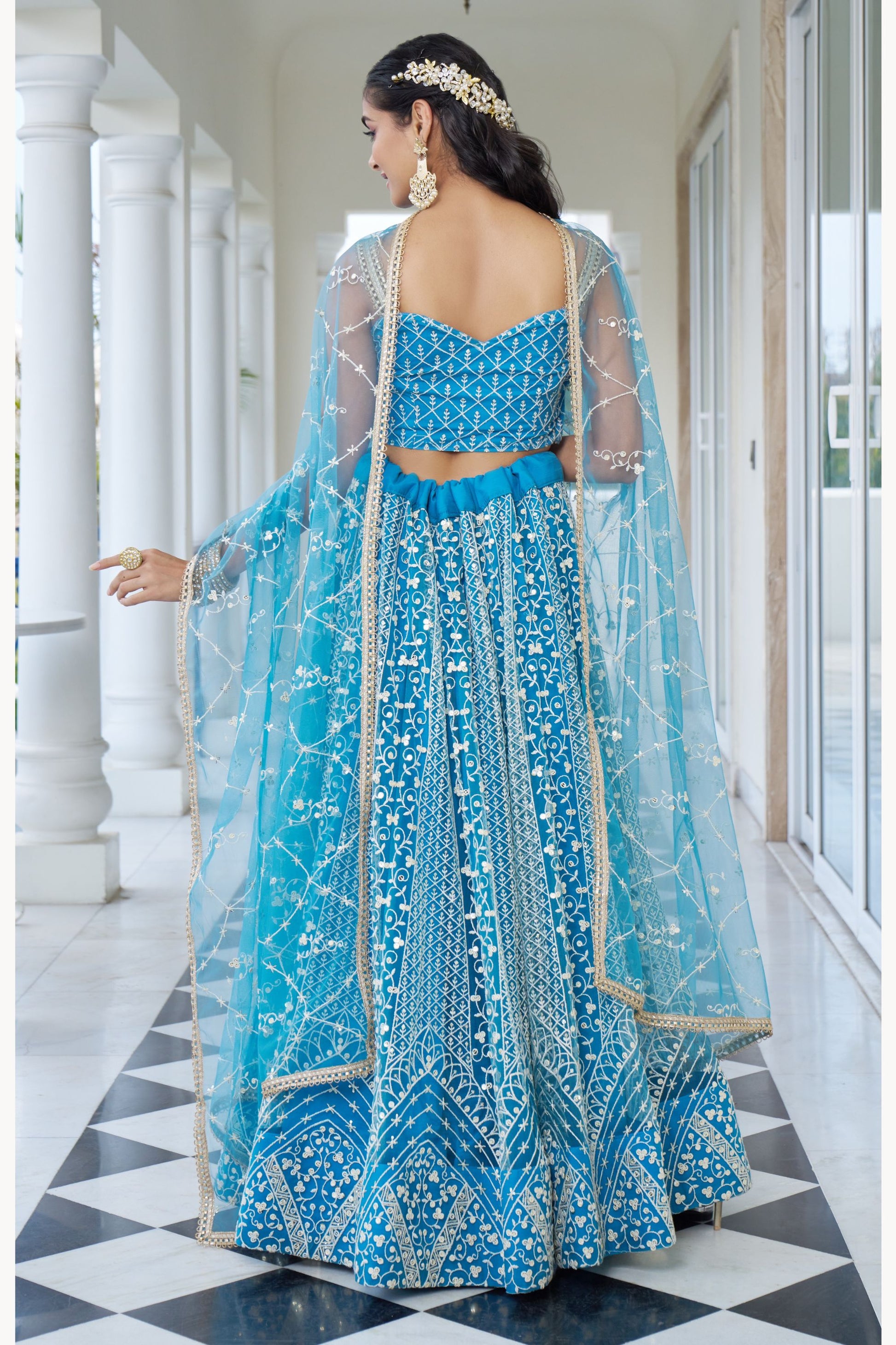 Turquoise Net Embroidered Lehenga Choli For Indian Festival & Weddings - Embroidery Work