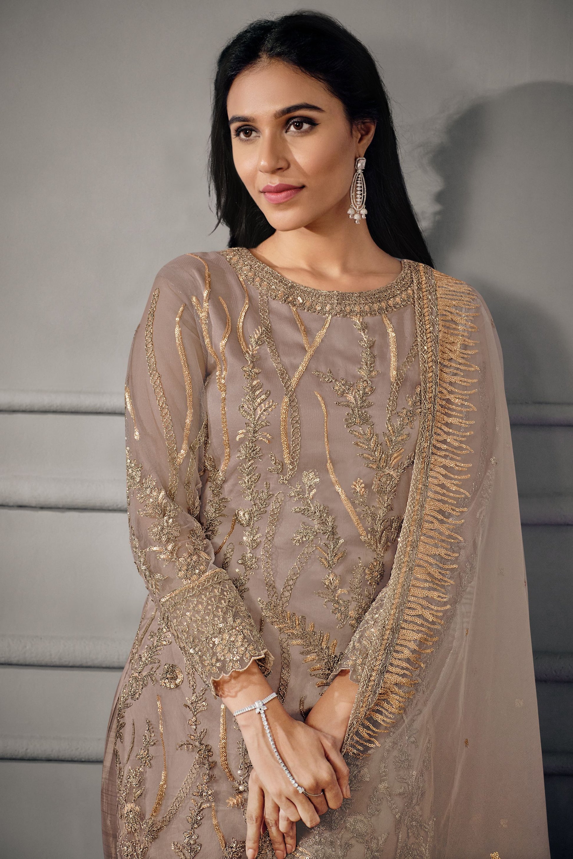 Light Brown Net Kameez with Pant For Indian Suit Festivals & Pakistani Weddings - Embroidery Work