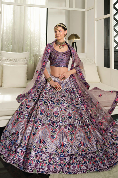 Purple Silk Lehenga Choli For Indian Weddings & Festivals - Thread Work, Sequence Embroidery Work