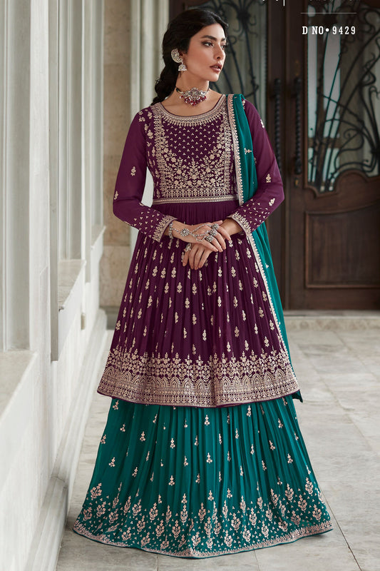 Maroon Pakistani Georgette Kameez with Skirt For Indian Festivals & Weddings - Thread Embroidery Work,