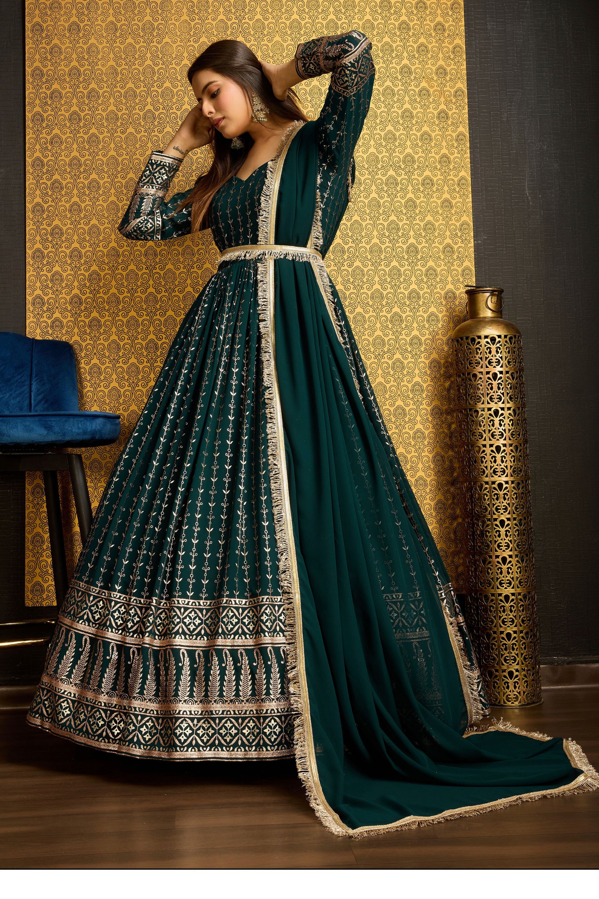 Green Georgette Anarkali Suit For Indian Festivals & Weddings - Metallic Foil Work