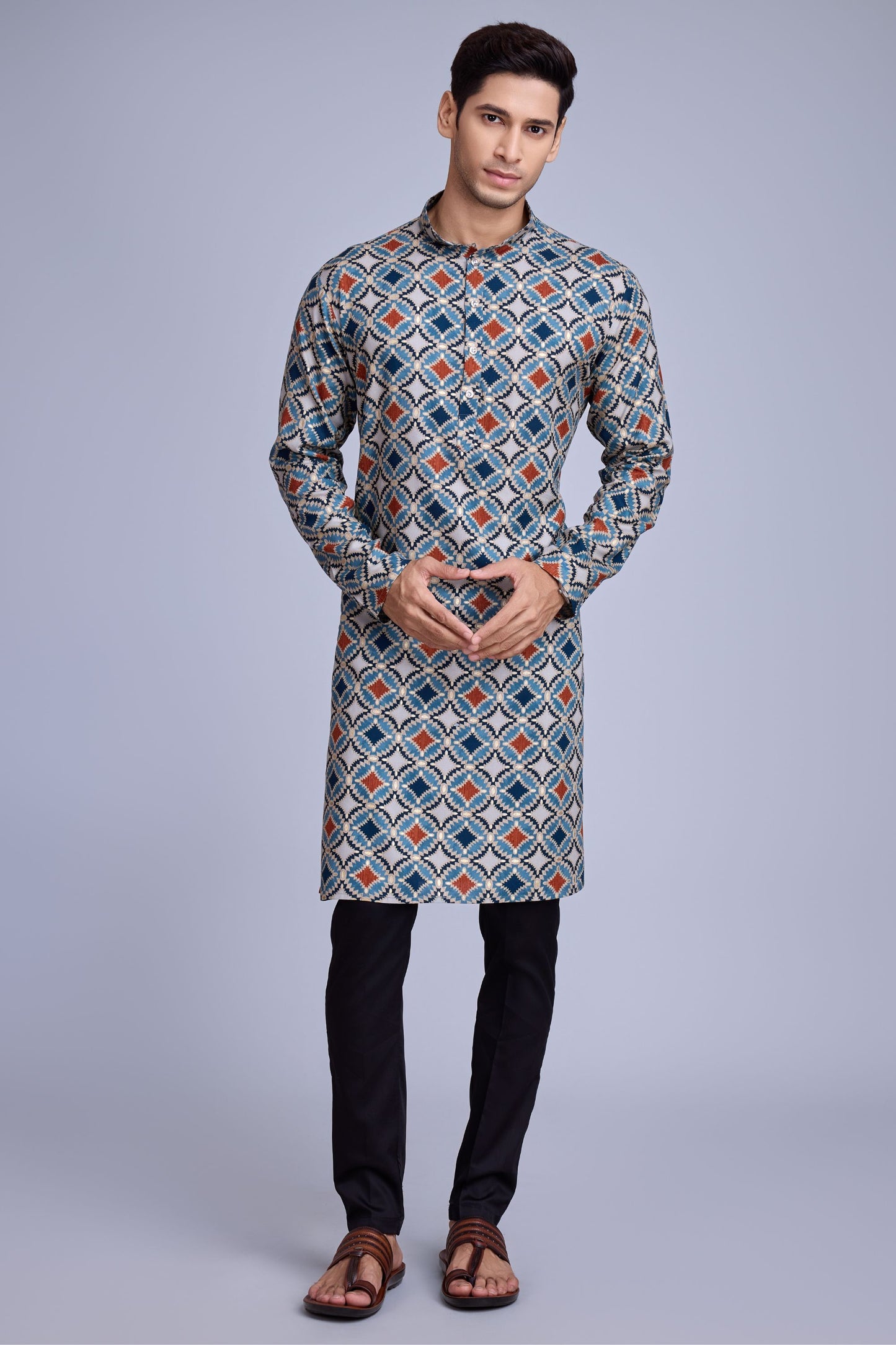 Sky Blue Rayon Kurta Pyjama for Men For Navratri Garba Festivals - Print Work