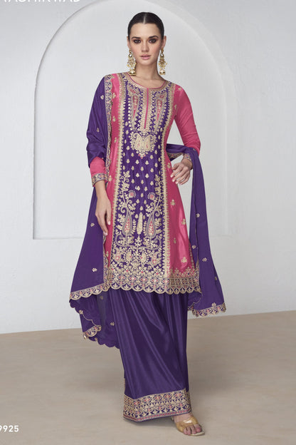 Purple Chinon Silk Palazzo Suit For Indian Wedding & Pakitani Festival - Embroidery Work