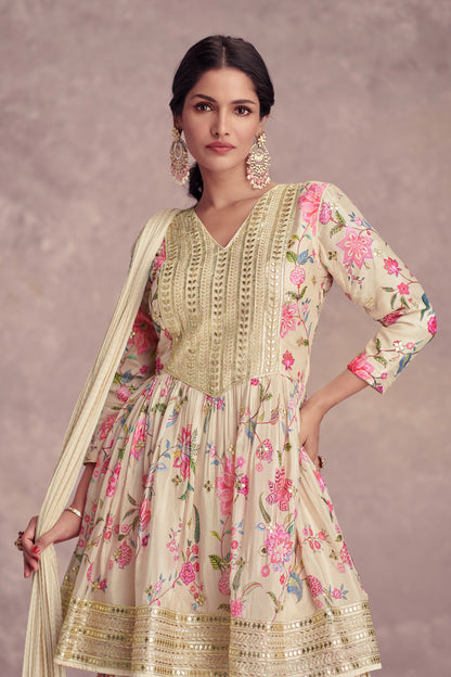 Light Yellow Chinon Silk Flower Floral Printed Sharara Gharara Suit For Indian Festivals & Pakistani Weddings - Embroidery Work, Print Work