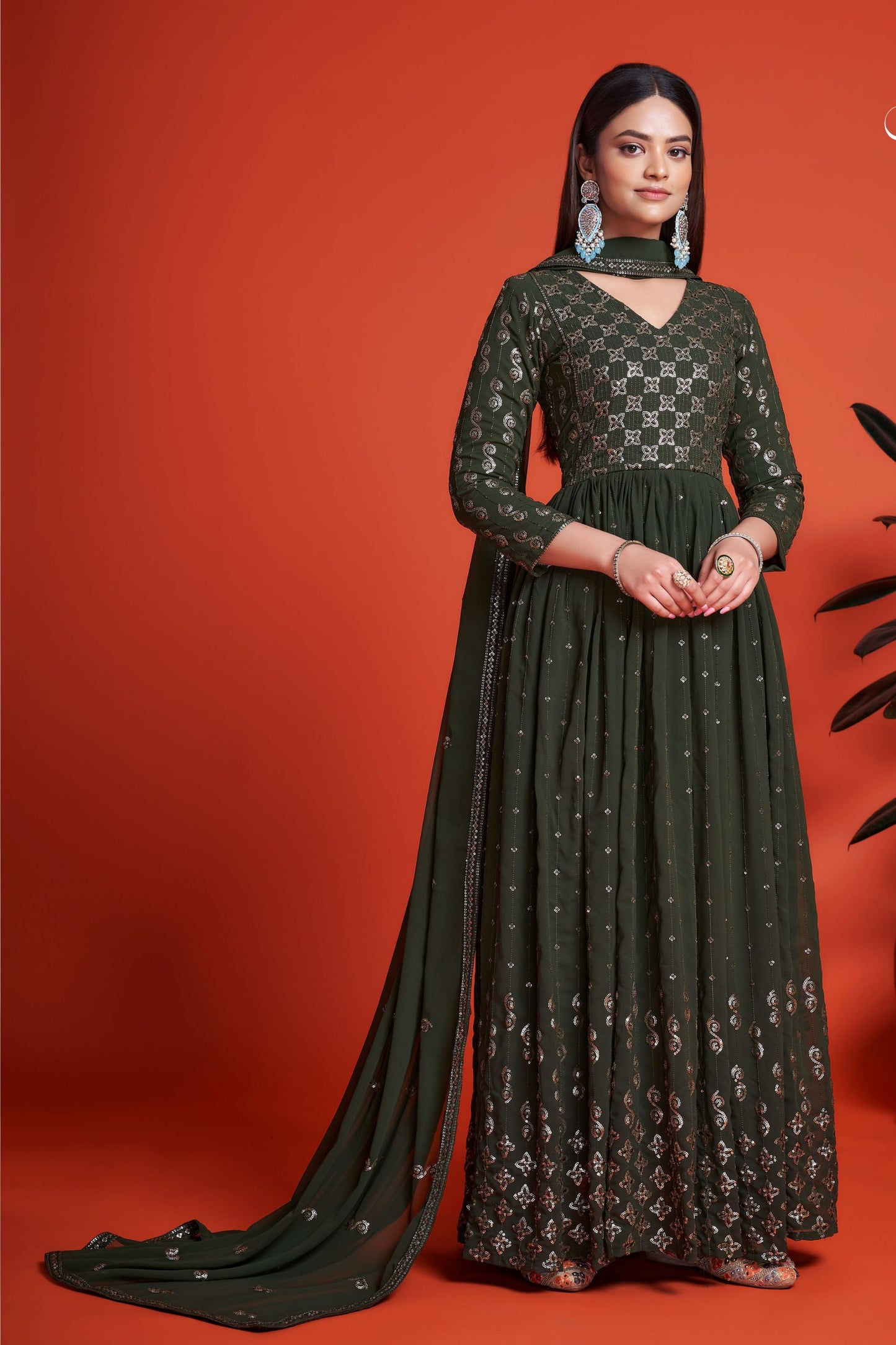 Green Pakistani Georgette Anarkali Gown For Indian Festivals & Weddings - Sequence Embroidery Work, Thread Embroidery Work,