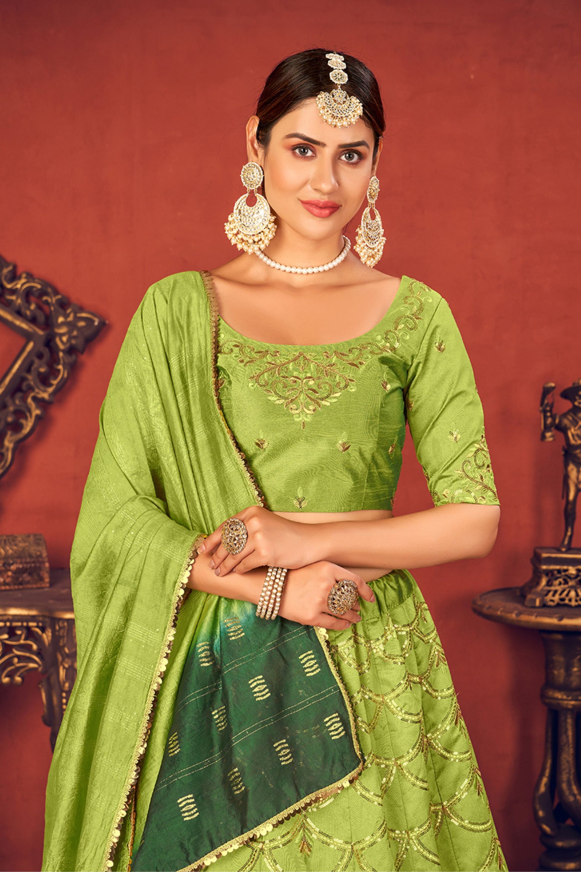 Parrot Green Pakistani Art Silk Lehenga Choli For Indian Festivals & Weddings - Sequence Embroidery Work, Thread Embroidery Work,