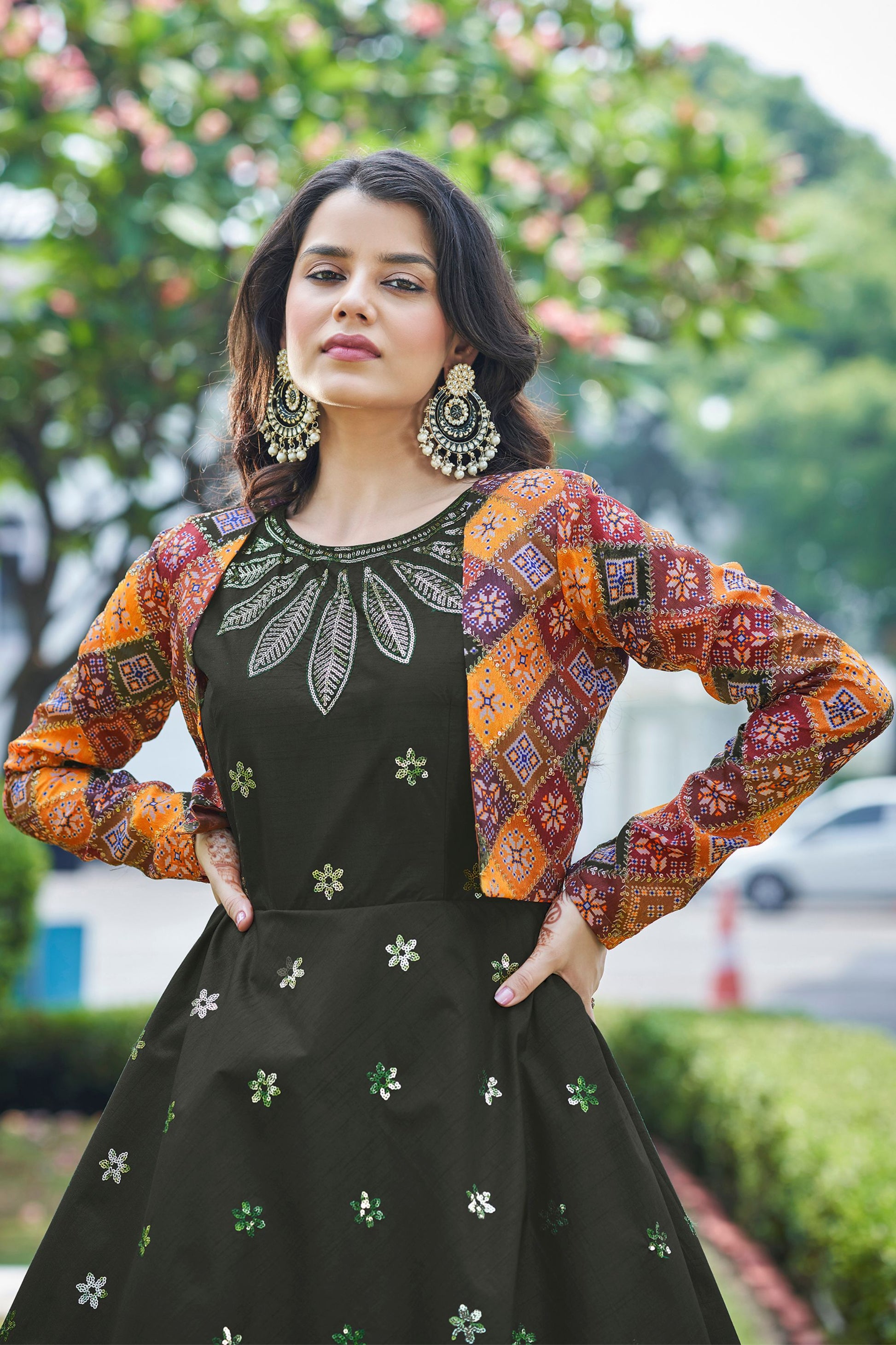 Olive Cotton Pakistani Anarkali Suit For Indian Festivals & Weddings - Thread Work, Sequence Embroidery Work,