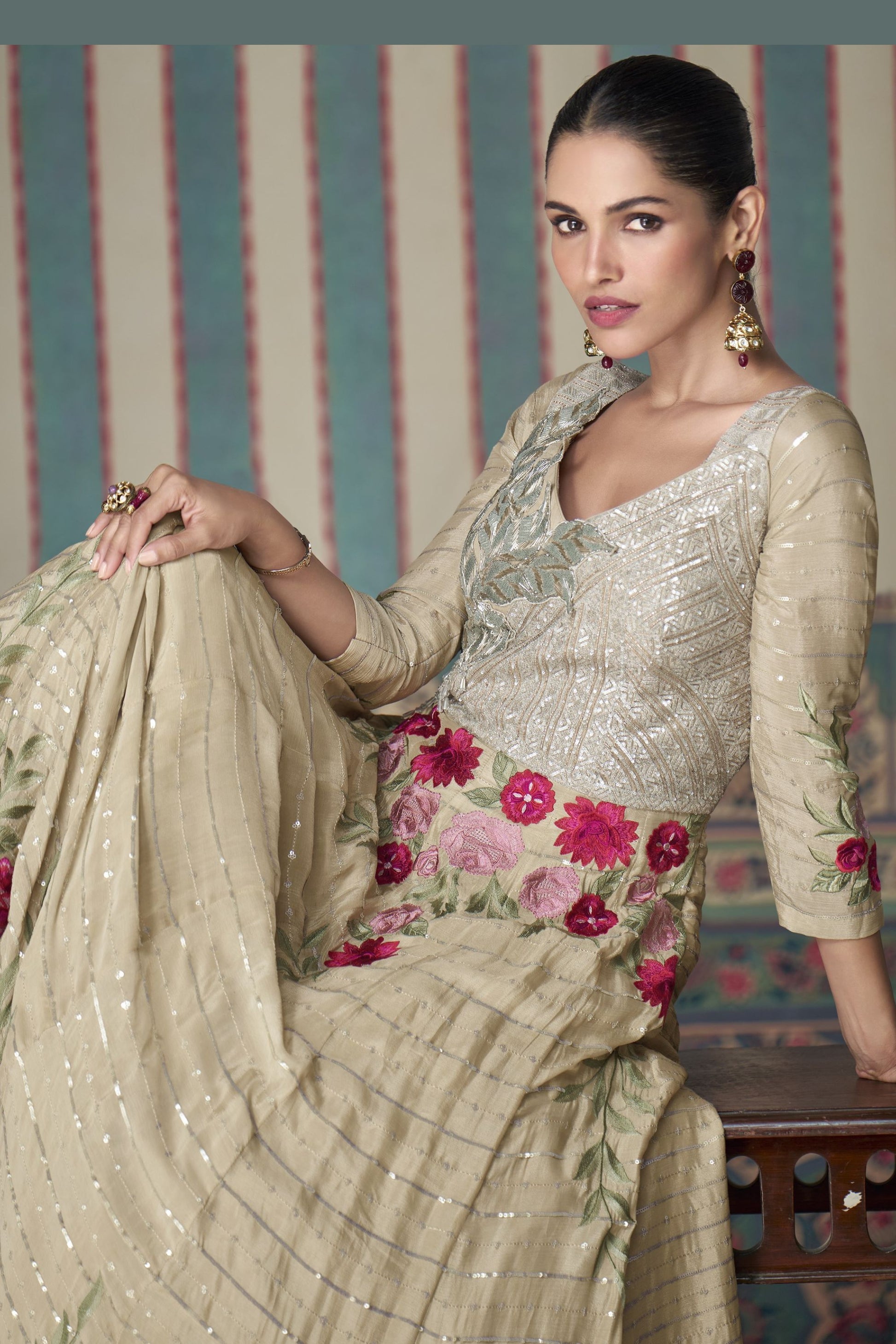 Beige Chinon Silk Full Length Partywear Gown For Festivals & Weddings - Embroidery Work