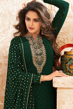 Dark Green Georgette Kameez Suit For Indian Festivals & Pakistani Weddings - Embroidery Work
