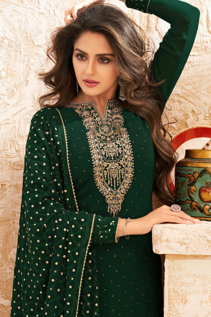 Dark Green Georgette Kameez Suit For Indian Festivals & Pakistani Weddings - Embroidery Work