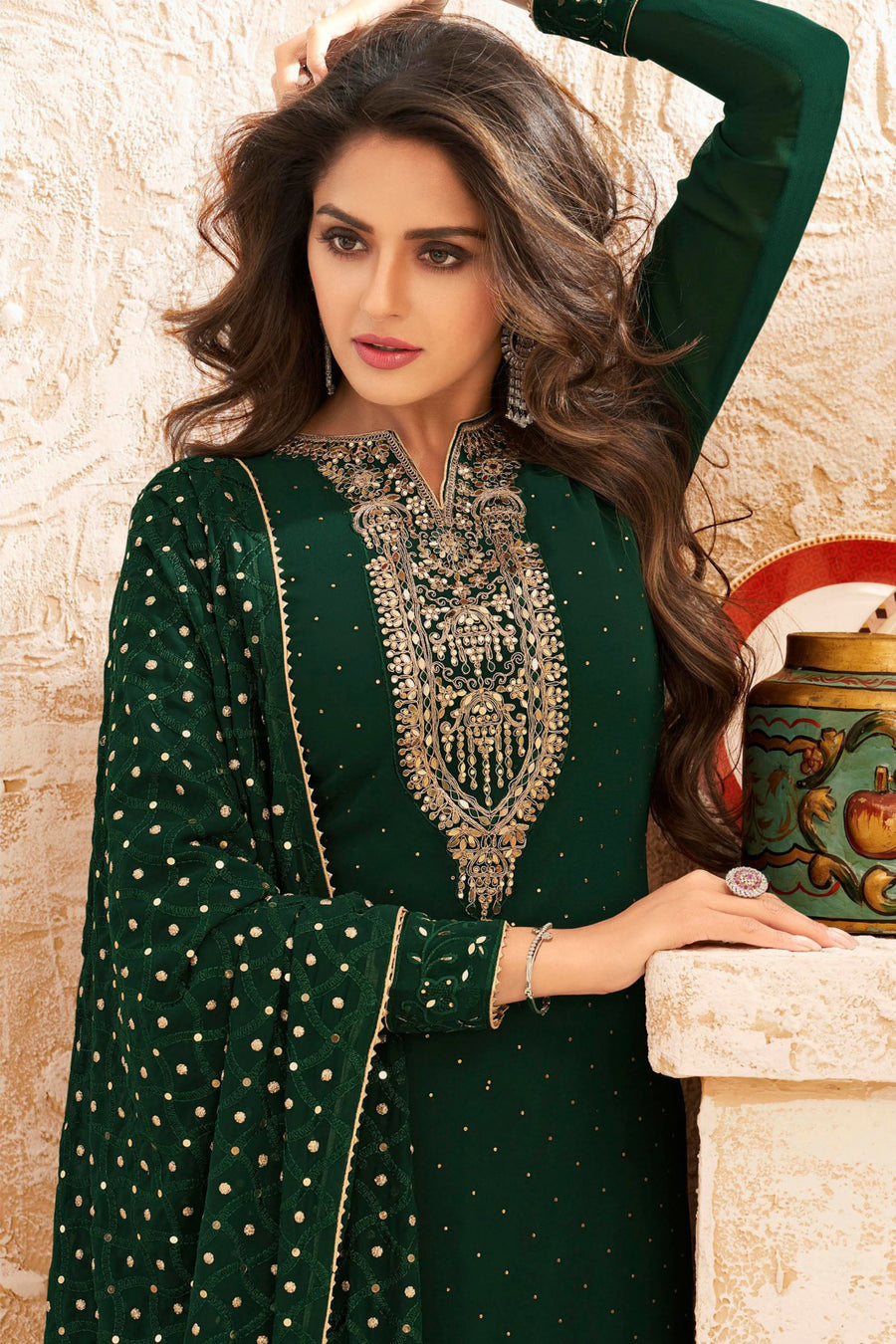Dark Green Georgette Kameez Suit For Indian Festivals & Pakistani Weddings - Embroidery Work