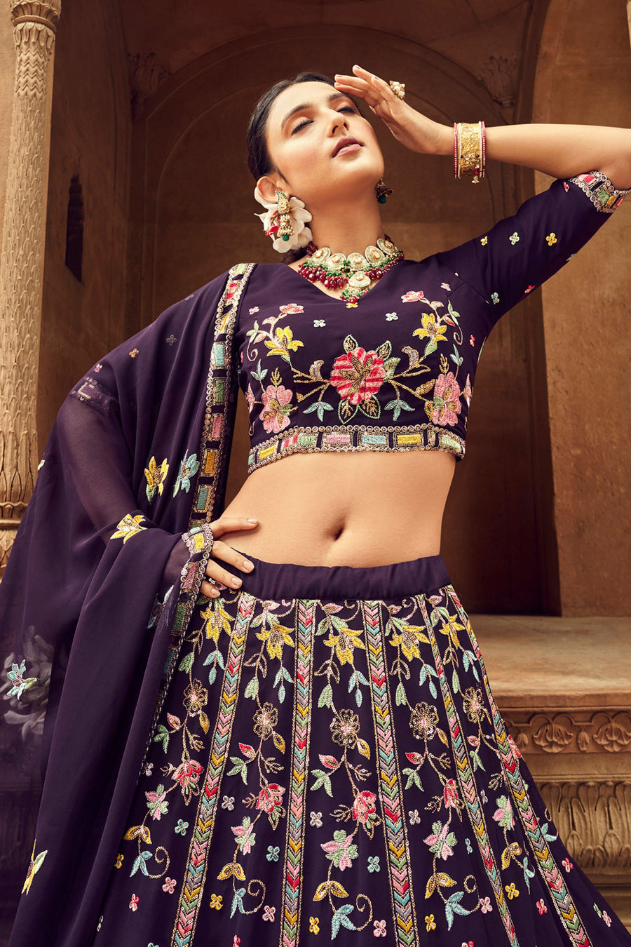 Purple Georgette Floral Embroidered Lehengas Choli For Indian Festivals & Weddings - Sequence Embroidery Work, Thread Work