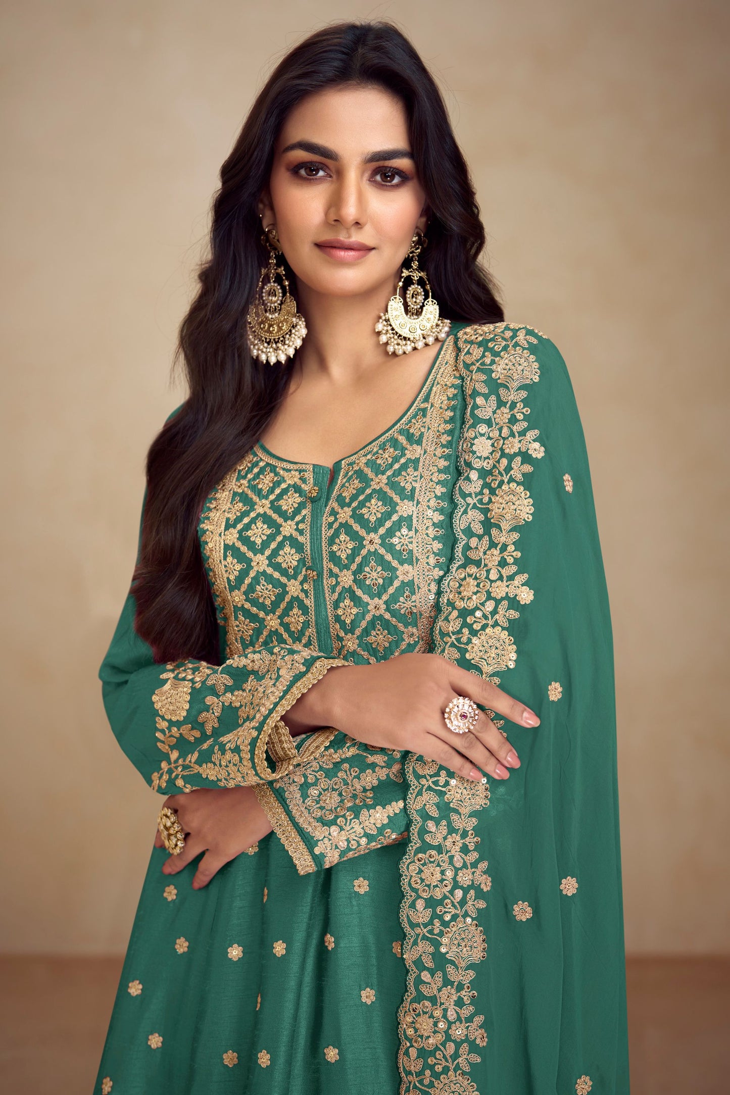 Teal Chinon Silk Plazo Suit For Indian Weddings & Pakitani Festival - Embroidery Work