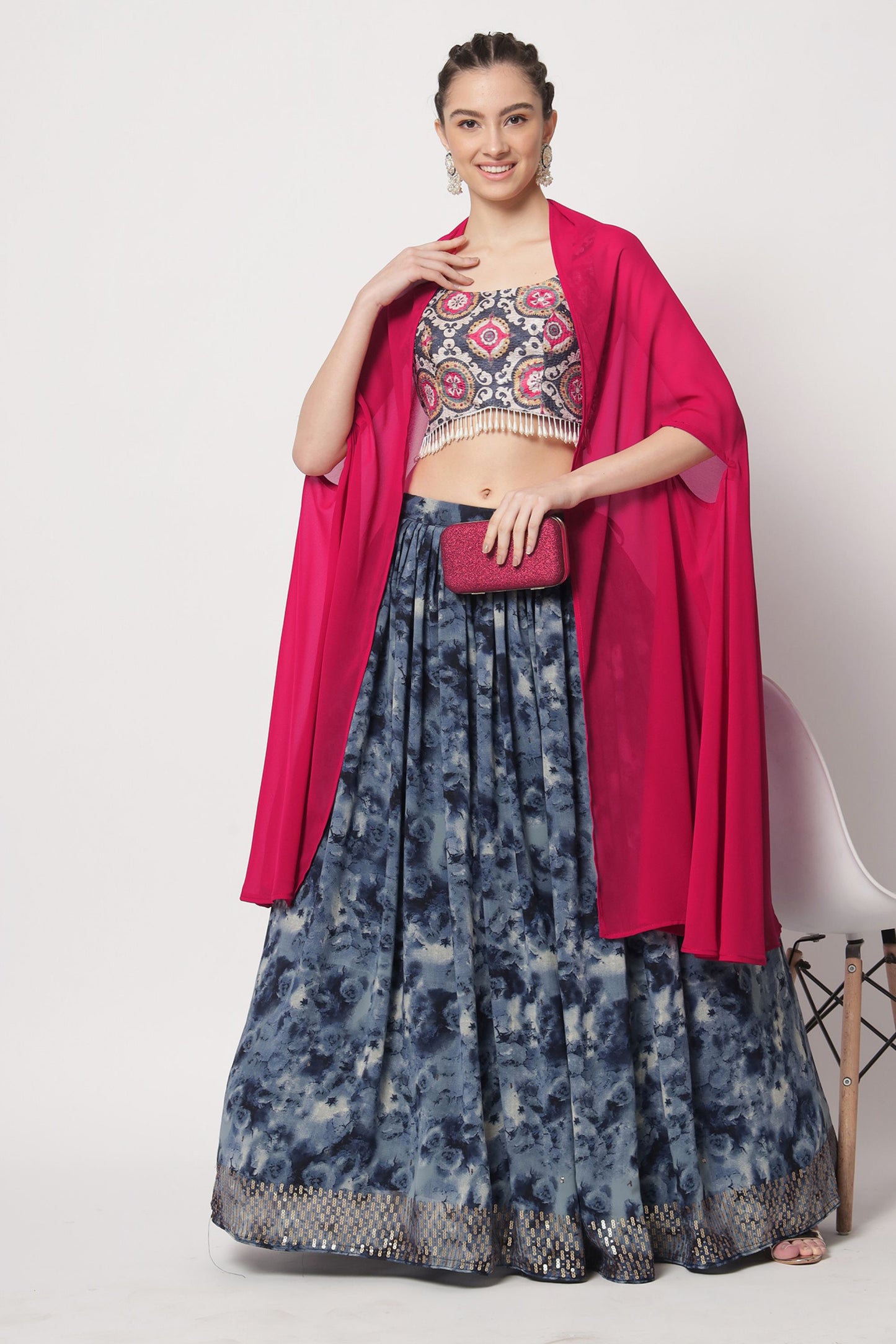 Navy Blue Pakistani Chinon Printed Lehenga Choli For Indian Festivals & Weddings - Print Work, Sequence Embroidery Work,