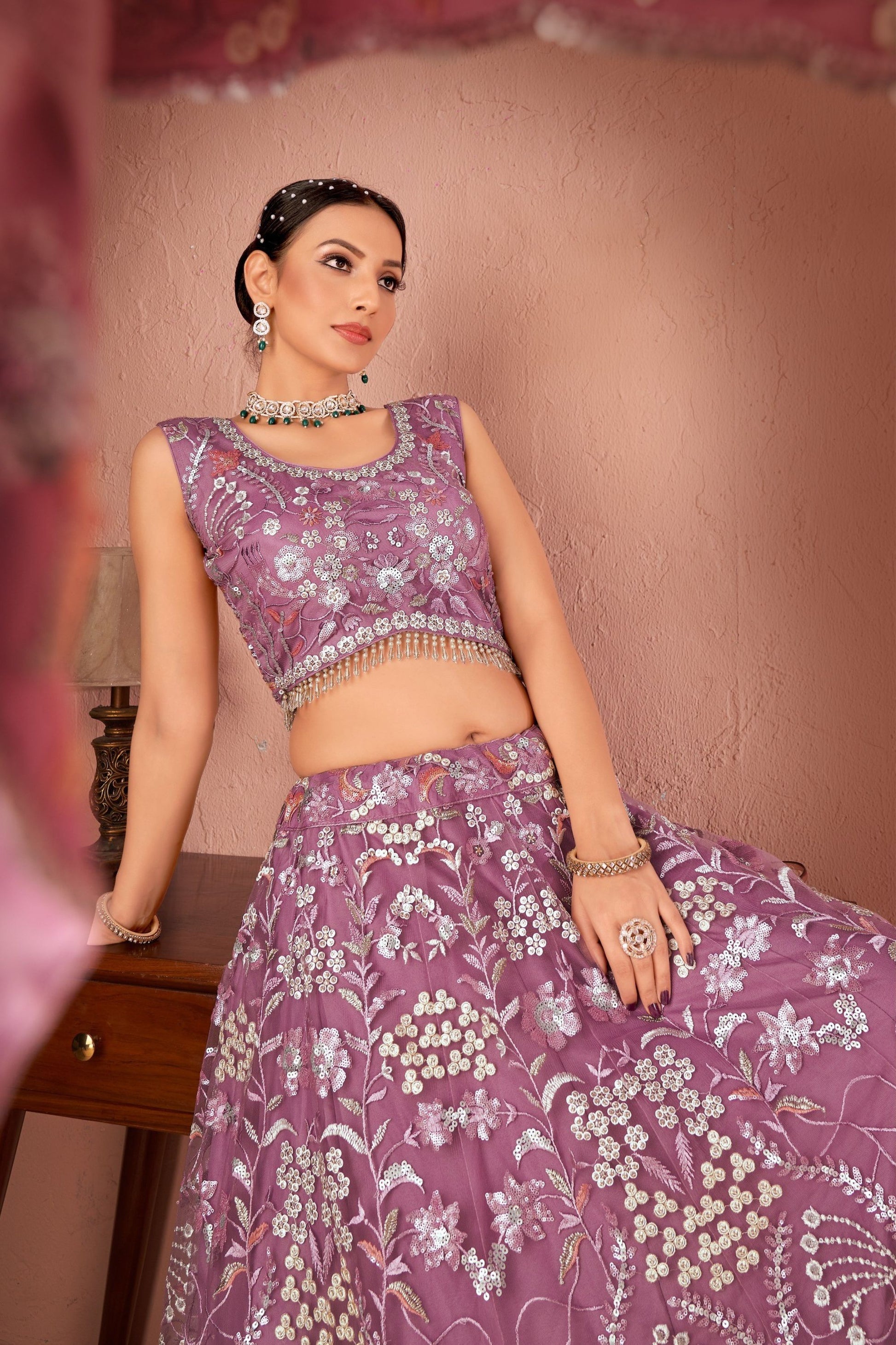 Lavender Net Lehenga Choli For Indian Festivals & Weddings - Thread Embroidery Work, Sequence Embroidery Work