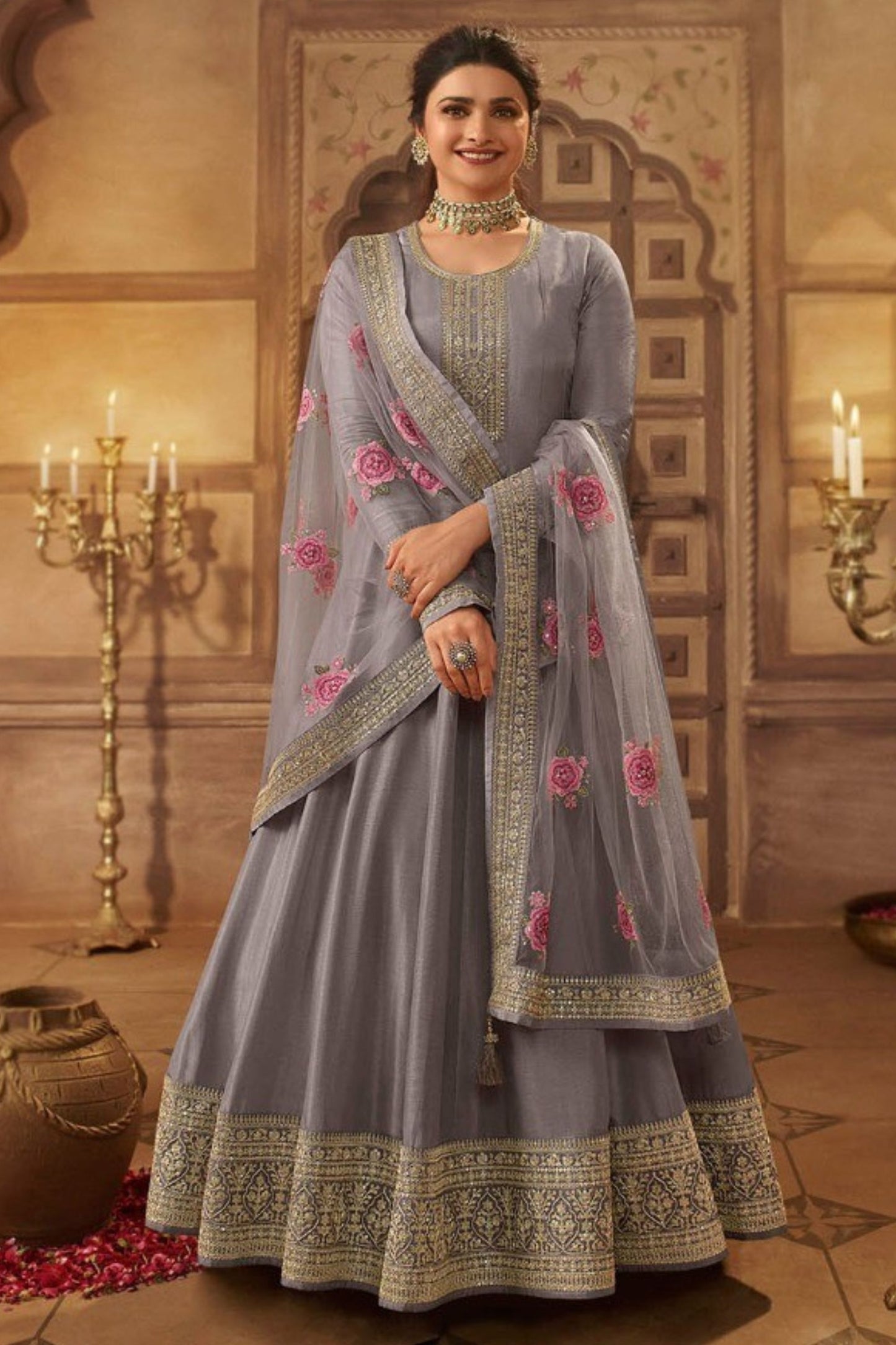 Grayish Purple Dola Silk Full Floor Length Anarkali Suit For Indian Festivals & Pakistani Wedding - Embroidery Work