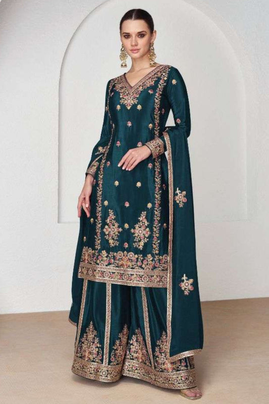 Teal Chinon Silk Palazzo Suit Dress For Indian Weddings & Pakitani Festival - Embroidery Work