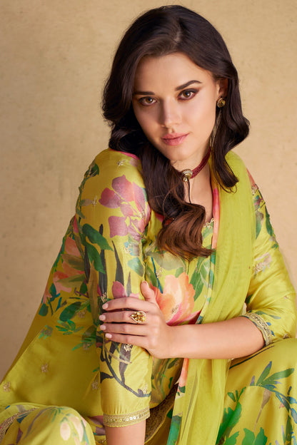 Green Chinon Silk Flower Printed Plazo Suit for Indian Partywear & Weddings - Print Work, Embroidery Work